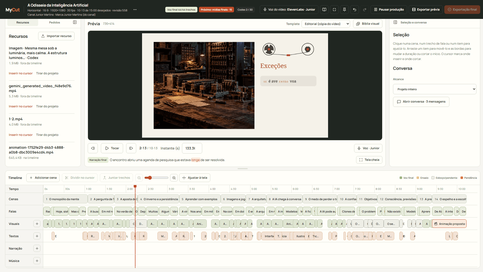 Editor real do MyCut com prévia do vídeo e timeline de cenas, falas, visuais, textos, narração e música.